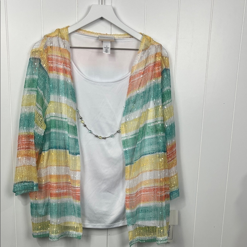 Alfred Dunner Womens Netted Wrap Top 1XL White Yellow Built-in-Tank Necklace NWT